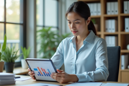 Jeune femme en bureau analysant un graphique sur tablette