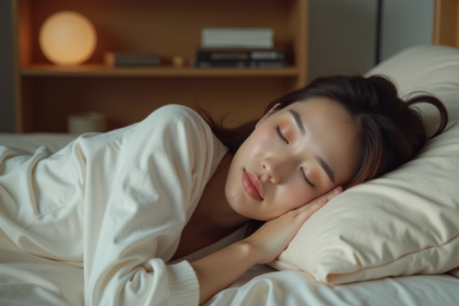 Jeune femme endormie en pyjama coton dans une chambre cozy