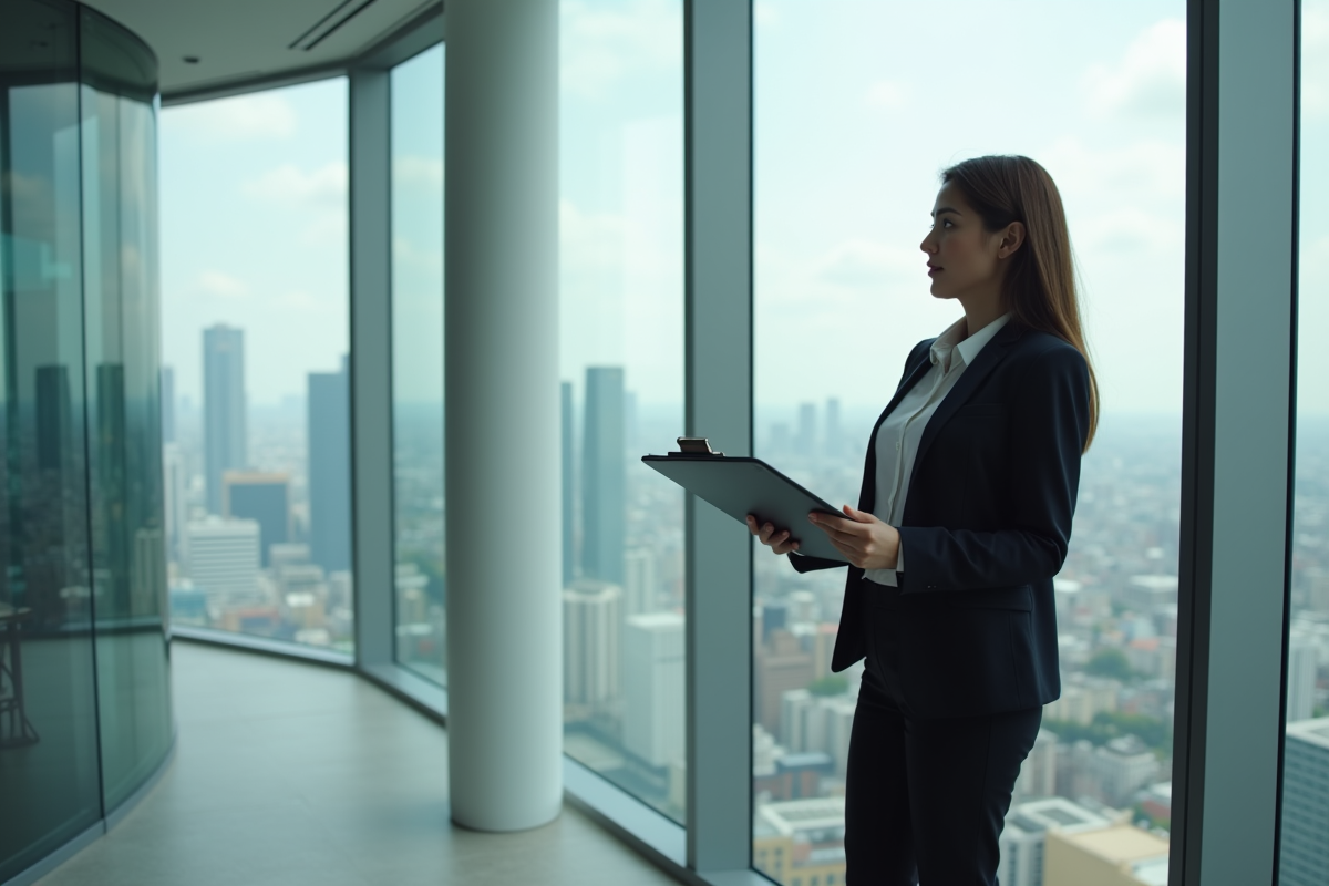 Jeune femme professionnelle regardant la ville depuis une fenêtre