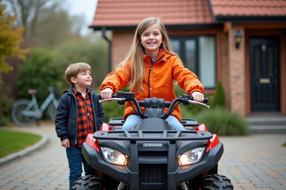 Jeune fille sur quad dans la cour familiale