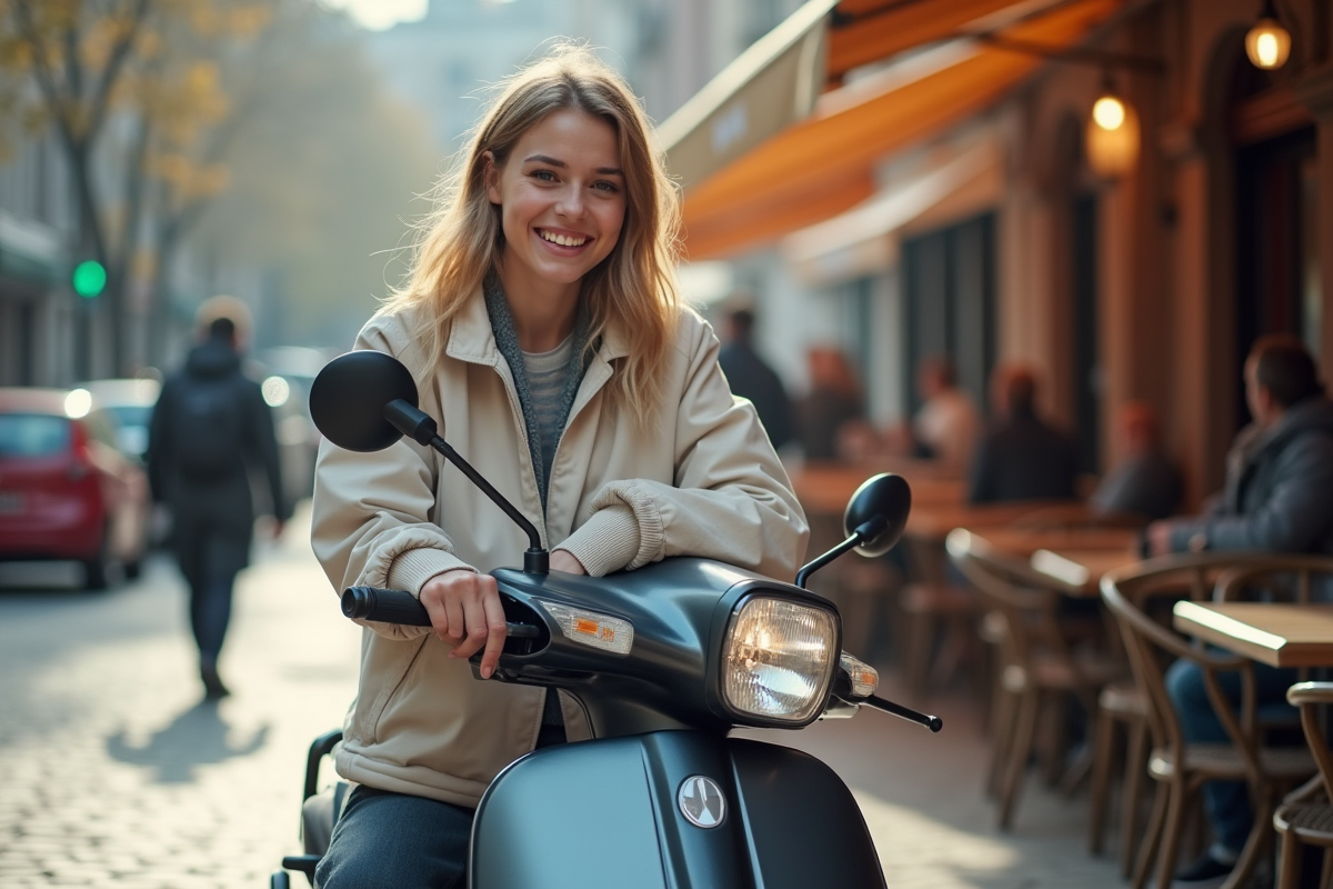 Fille souriante assise sur un scooter en ville