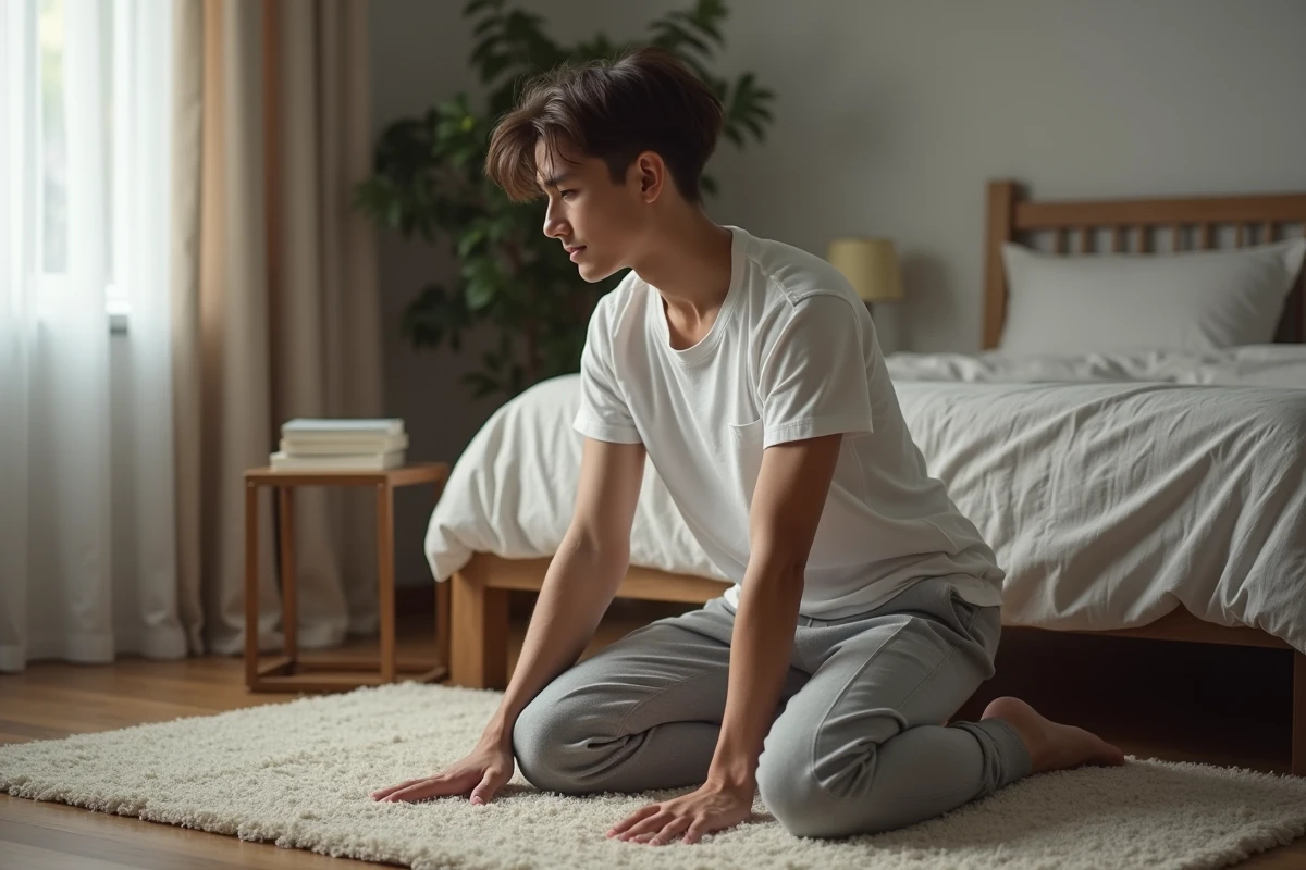 Jeune homme faisant des étirements dans sa chambre