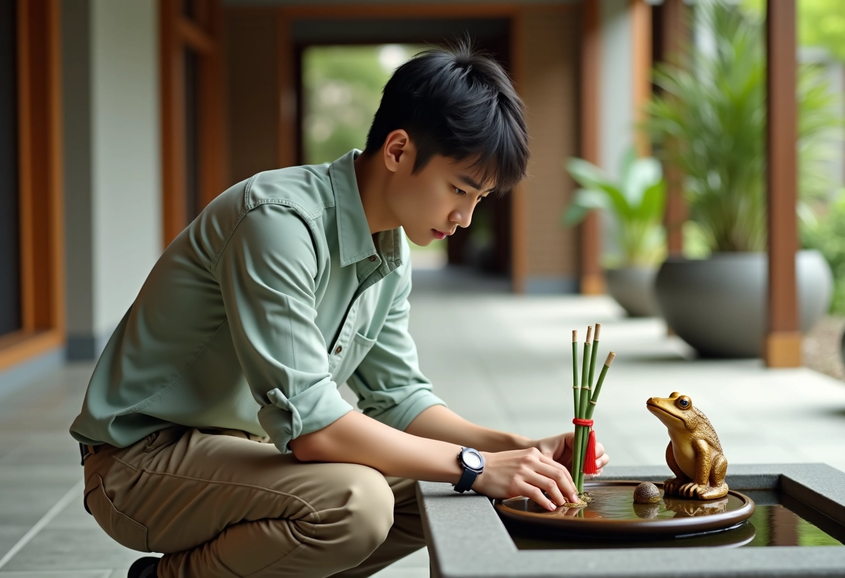 Jeune homme ajustant des objets dans une fontaine intérieure
