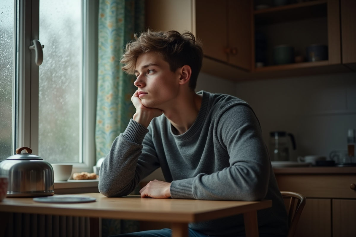 Jeune homme regardant par une fenêtre pluvieuse