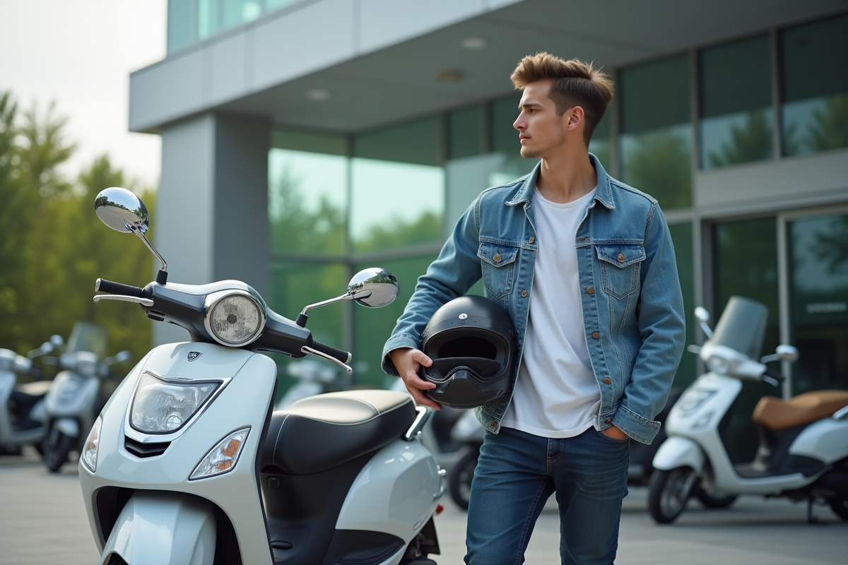 Jeune homme examinant un scooter neuf en concession