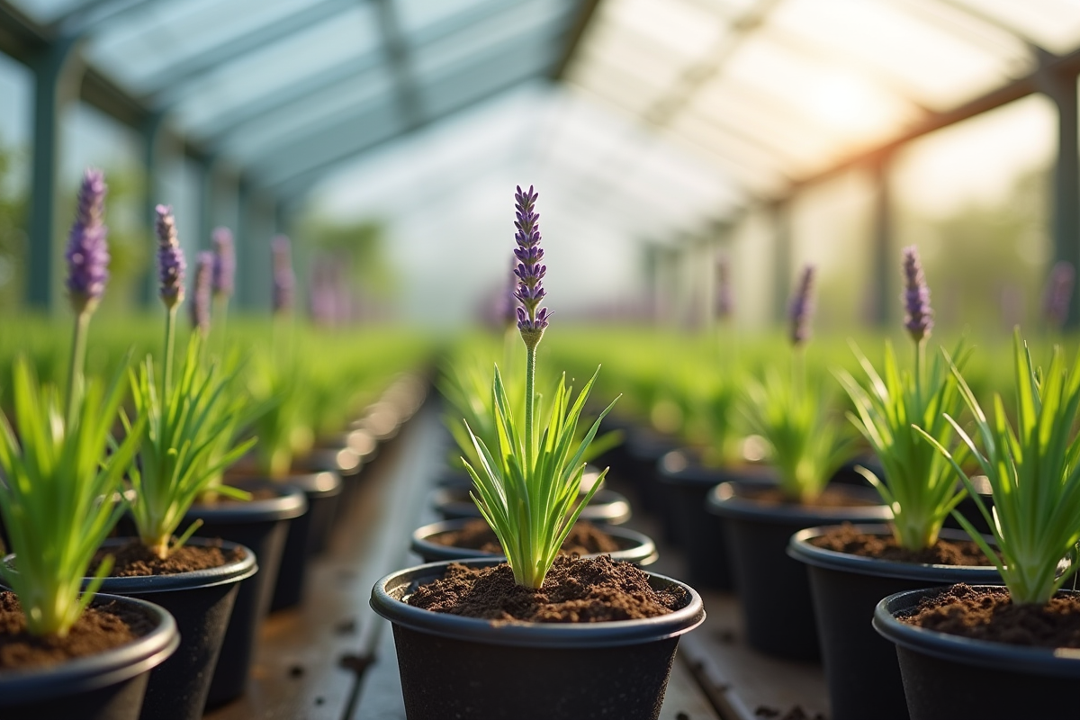 Jeunes plants de lavande en pots dans une serre lumineuse