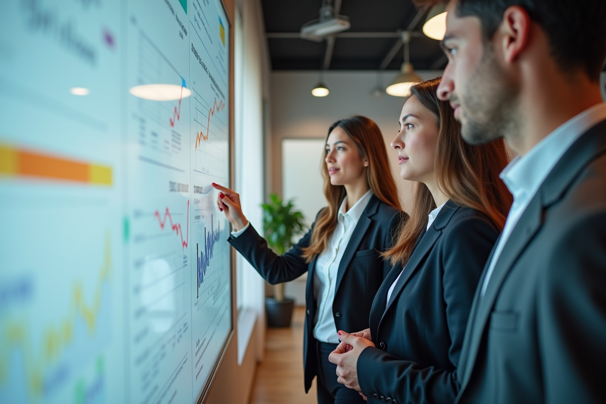 Groupe de jeunes professionnels discutant devant un tableau blanc