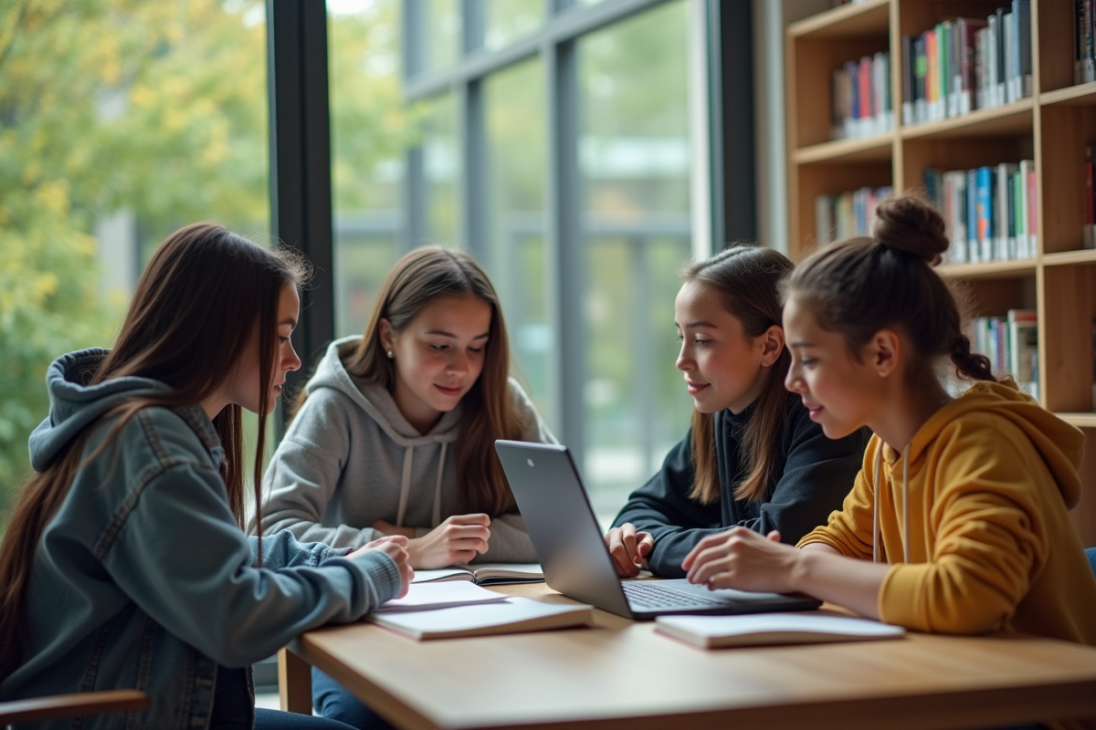 Jeunes en groupe travaillant dans une bibliothèque moderne