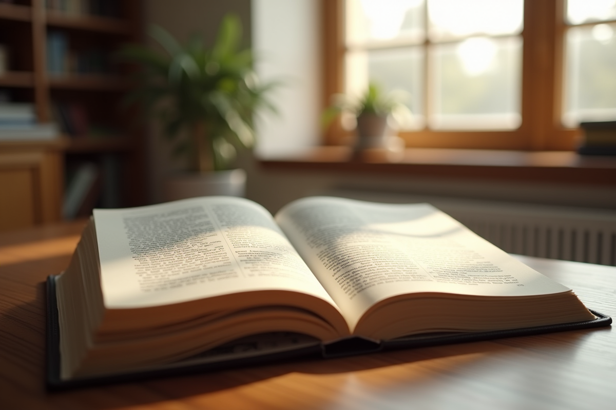 Livre de droit civil ouvert sur un bureau ensoleille