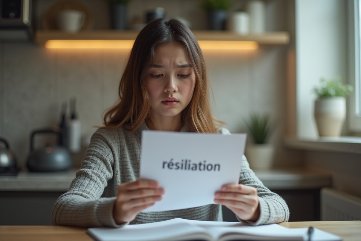Jeune locataire inquiet tenant un document de résiliation