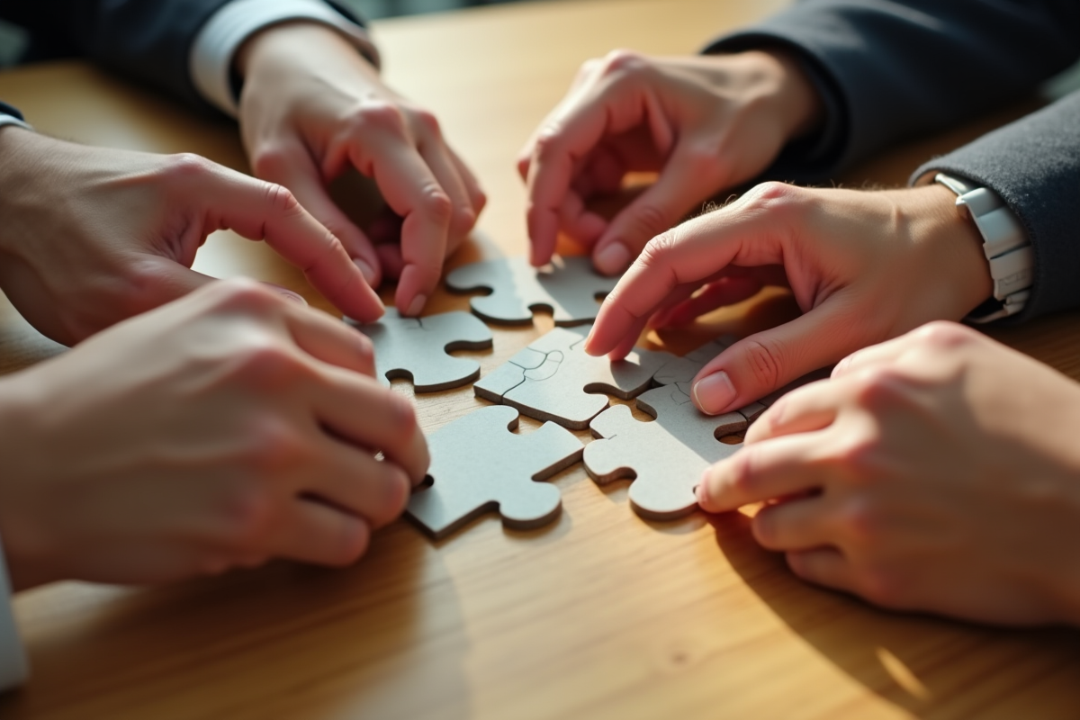 Mains de différentes personnes assemblant un puzzle sur une table
