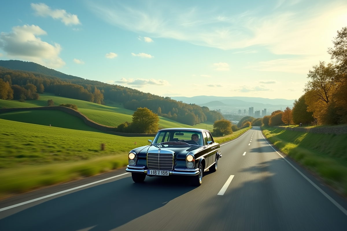 Mercedes-Benz classique roulant dans la campagne luxembourgeoise