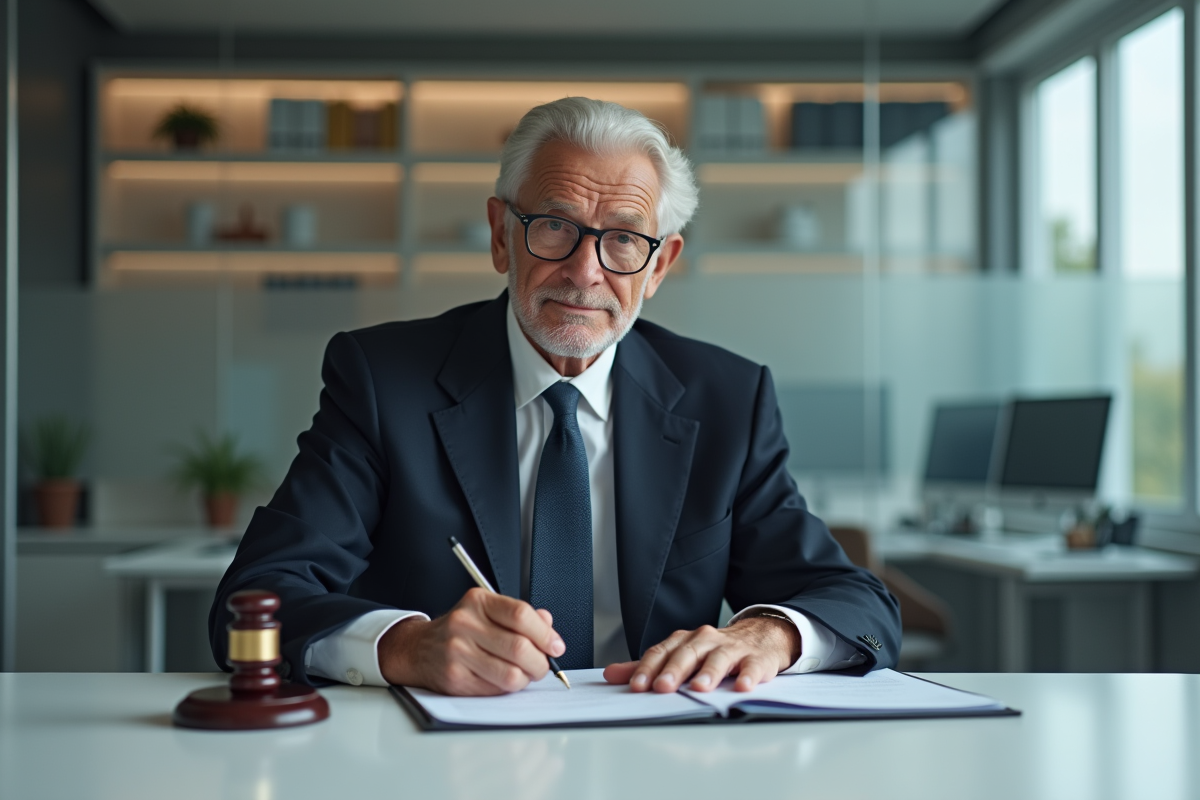 Notaire en costume apposant un cachet sur un dossier