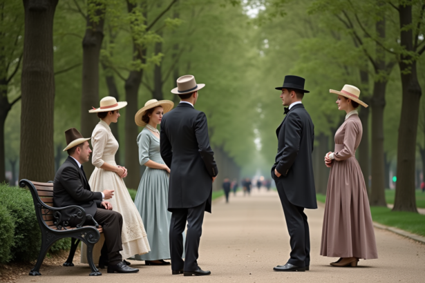 Groupe de Parisiens en tenue Belle Époque dans un jardin