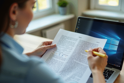 Personne au bureau comparant article papier et écran d'ordinateur