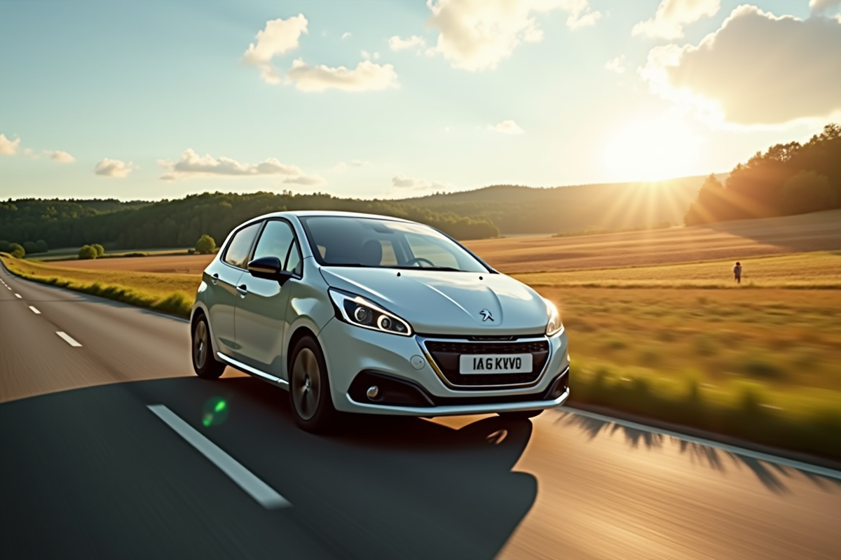 Peugeot 208 électrique roulant en campagne ensoleillée