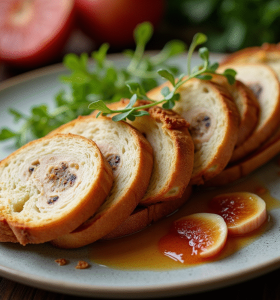 Assiette de foie gras en terrine avec brioche et fruits