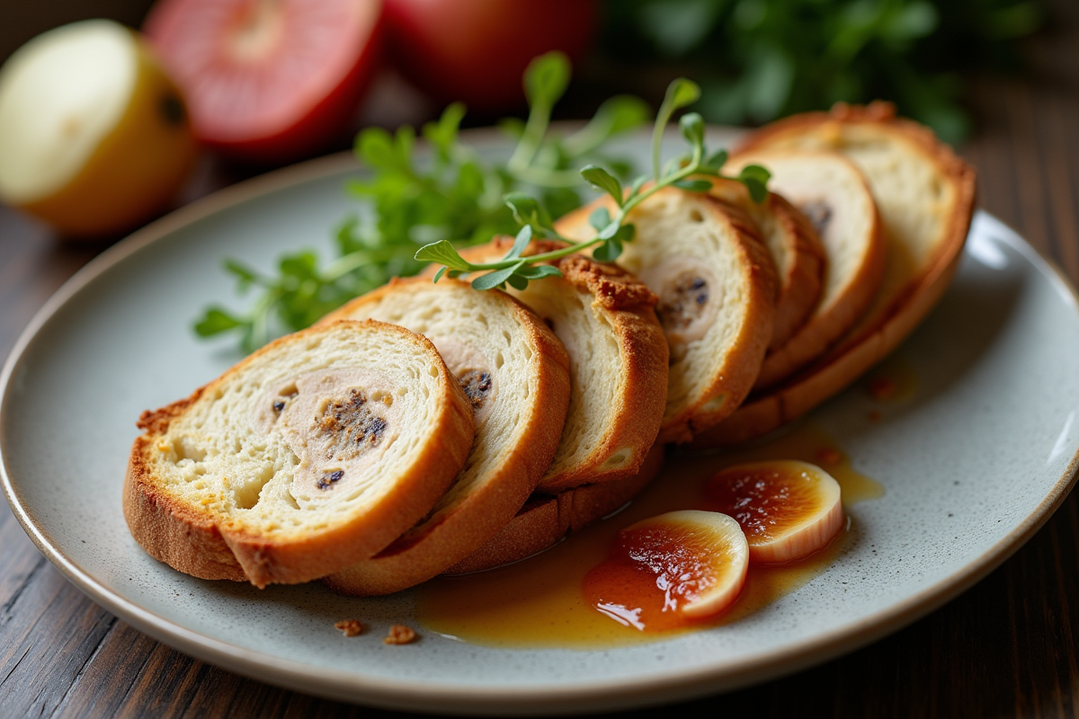 Assiette de foie gras en terrine avec brioche et fruits