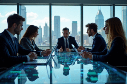 Groupe de professionnels analysant des données financières digitales