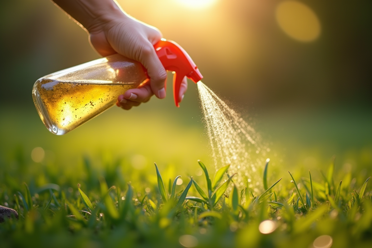 Personne pulvérisant un remède naturel contre les mauvaises herbes dans un jardin ensoleille