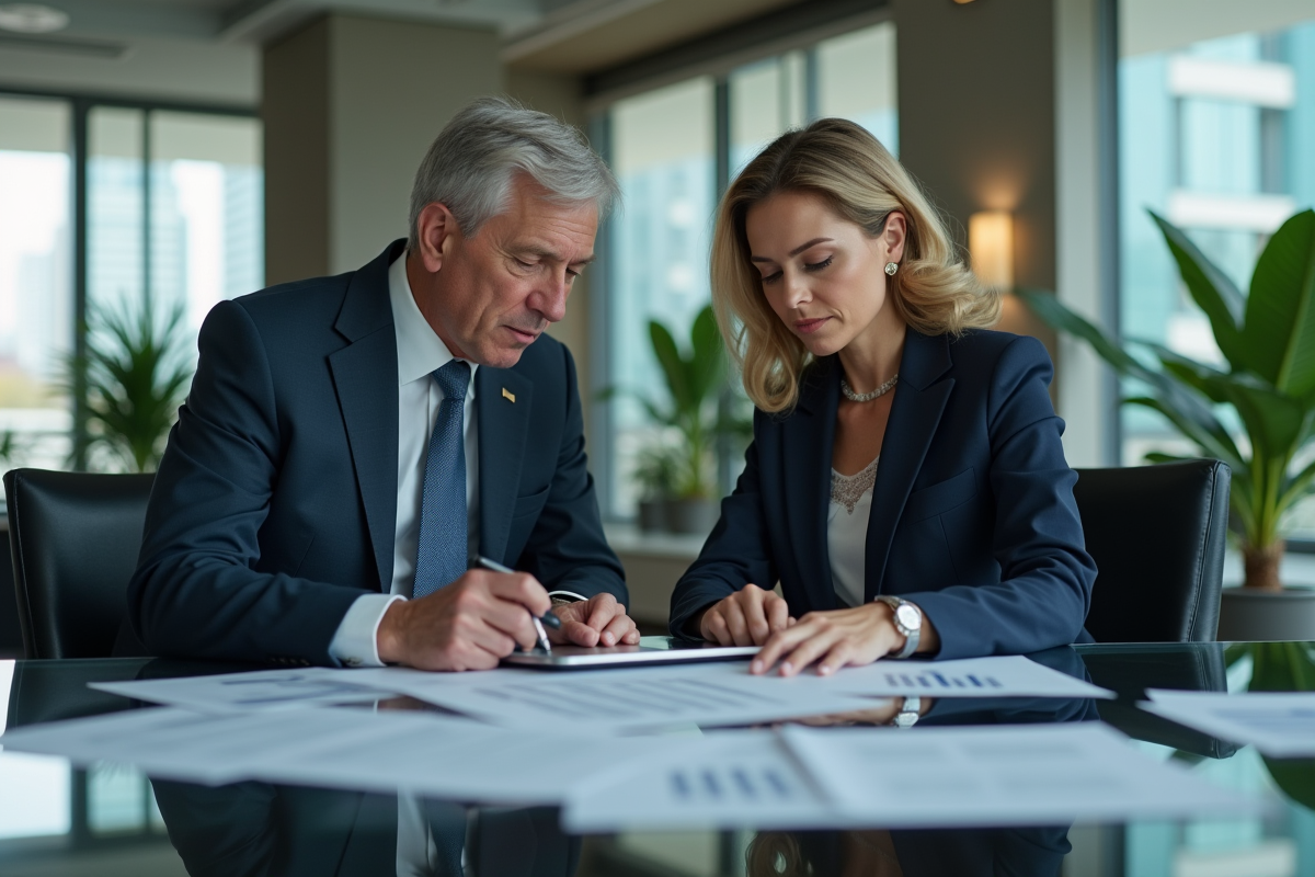 Homme et femme d'affaires en réunion dans un bureau moderne