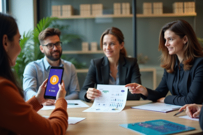 Groupe d adultes en réunion avec portefeuille crypto