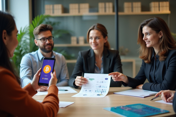 Groupe d adultes en réunion avec portefeuille crypto