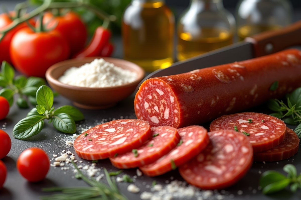 Saucisses de chorizo tranchées avec ingrédients frais en cuisine