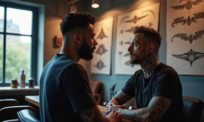 Personne dans un studio de tatouage regardant des dessins tribaux
