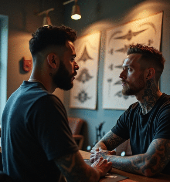 Personne dans un studio de tatouage regardant des dessins tribaux