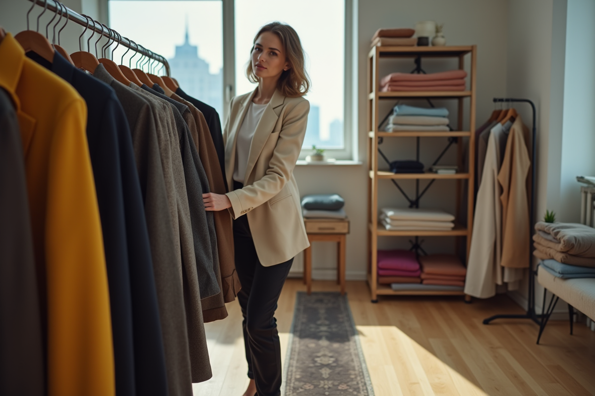 Jeune styliste en studio arrangeant des tenues