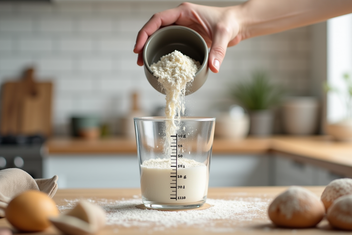Main versant 150 g de farine dans un verre mesureur