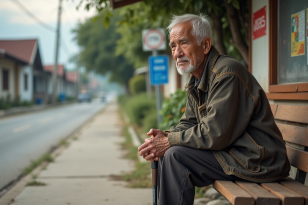 Homme age assis sur un banc dans un village rural